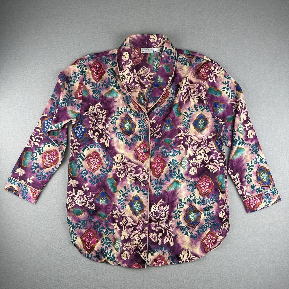 Vintage Kathryn Satin Floral Sleep Shirt Button Down Green Blue Purple Size M